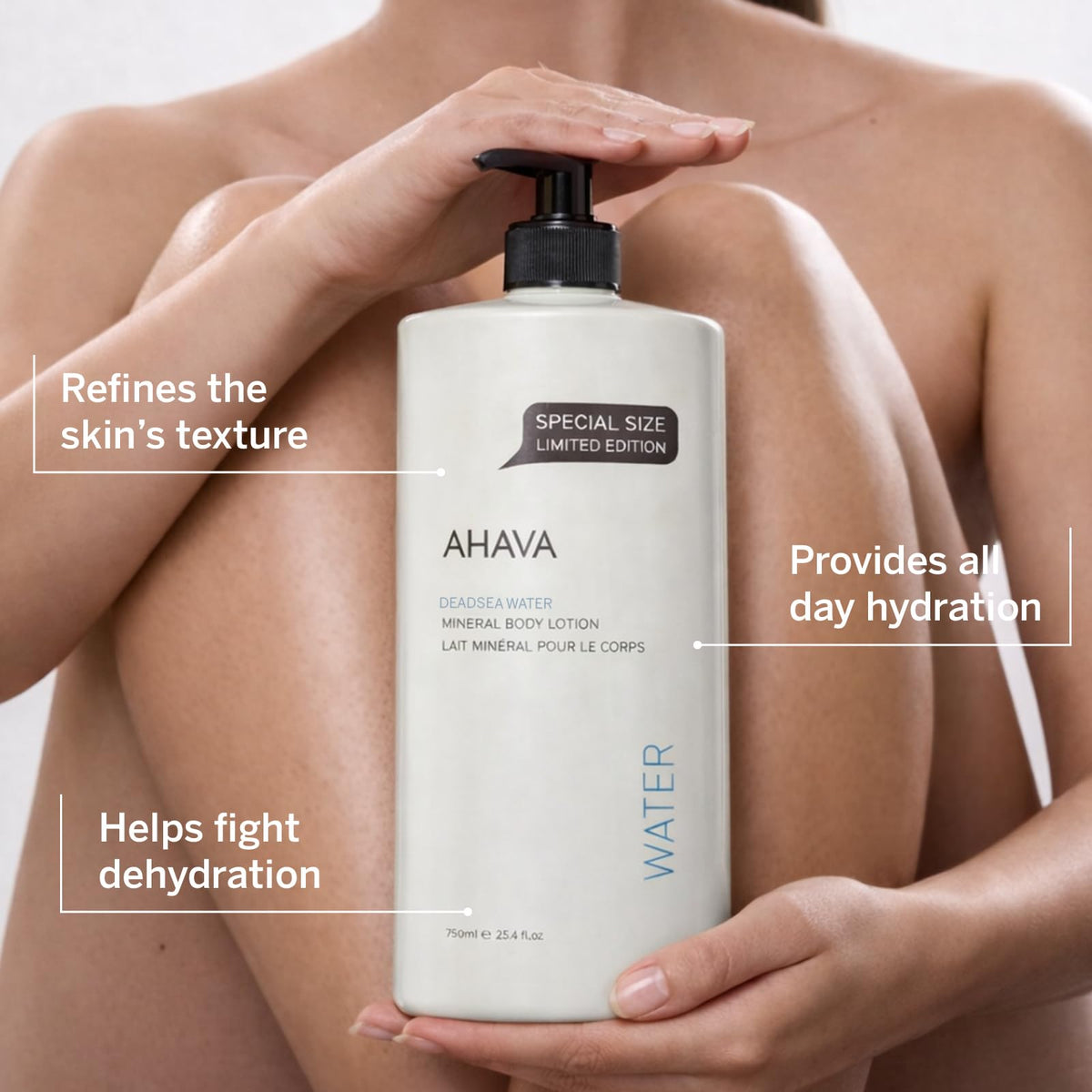 AHAVA pump dispensing lotion onto palm, convenient application and controlled amount