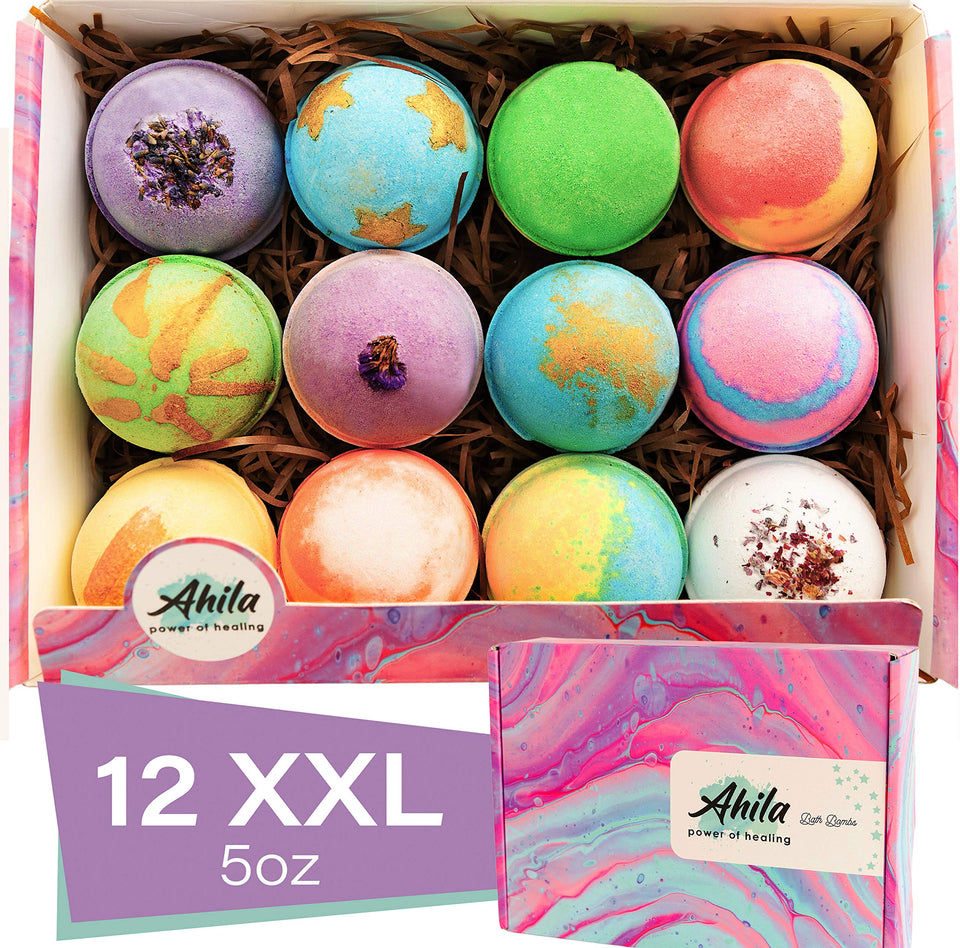 Ahila power of healing front packaging showing twelve XXL bath bombs and benefits