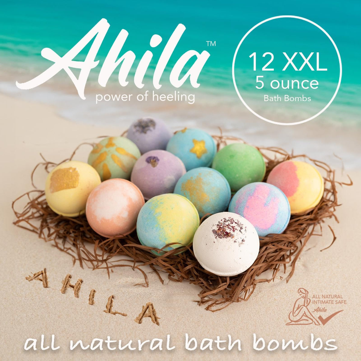 Ahila power of healing single bath bomb closeup highlighting color release and longevity