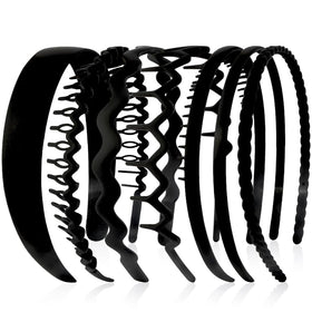 AHONEY front view of seven black headbands showing variety and compact packaging benefits