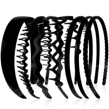 AHONEY front view of seven black headbands showing variety and compact packaging benefits
