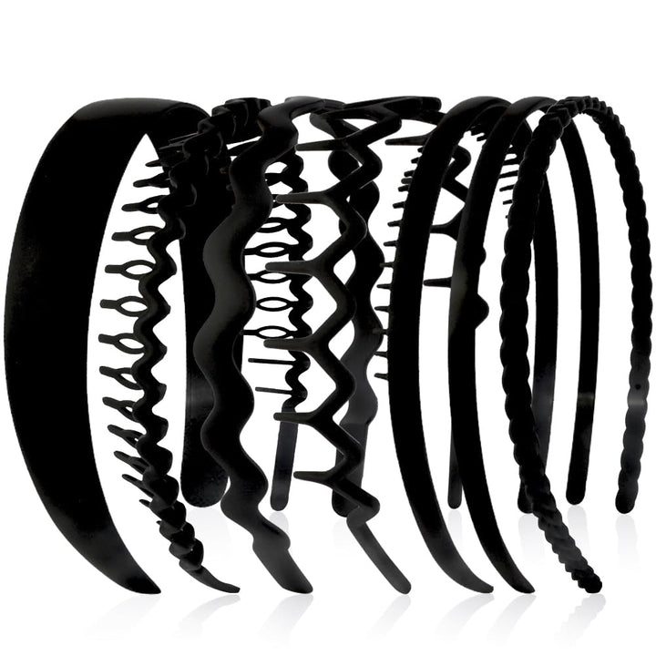 AHONEY front view of seven black headbands showing variety and compact packaging benefits