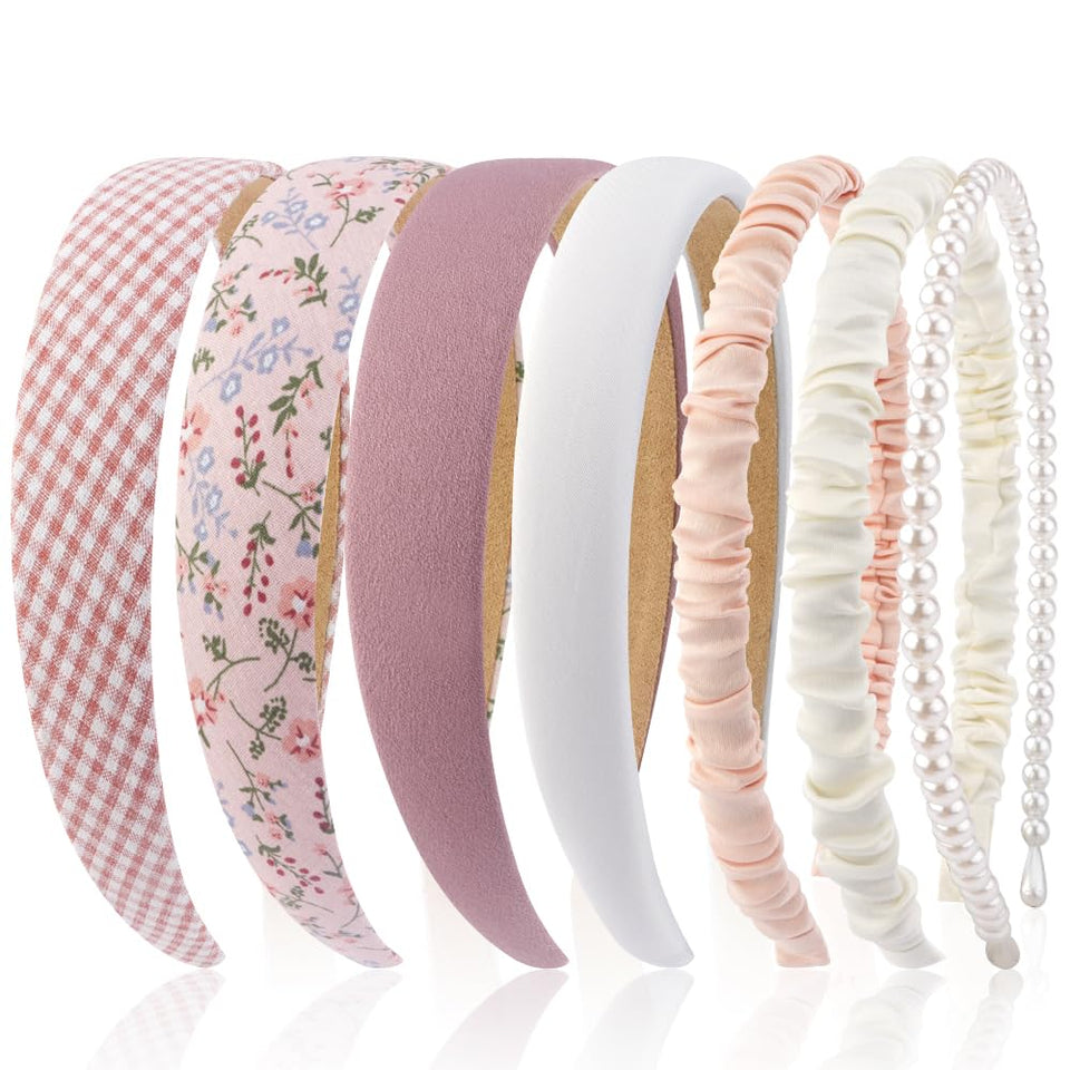 AHONEY front view of seven pink headbands showing variety and matching tones
