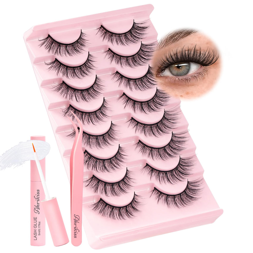 Ahrikiss front packaging showing eight pairs with glue and tweezers, convenient starter kit