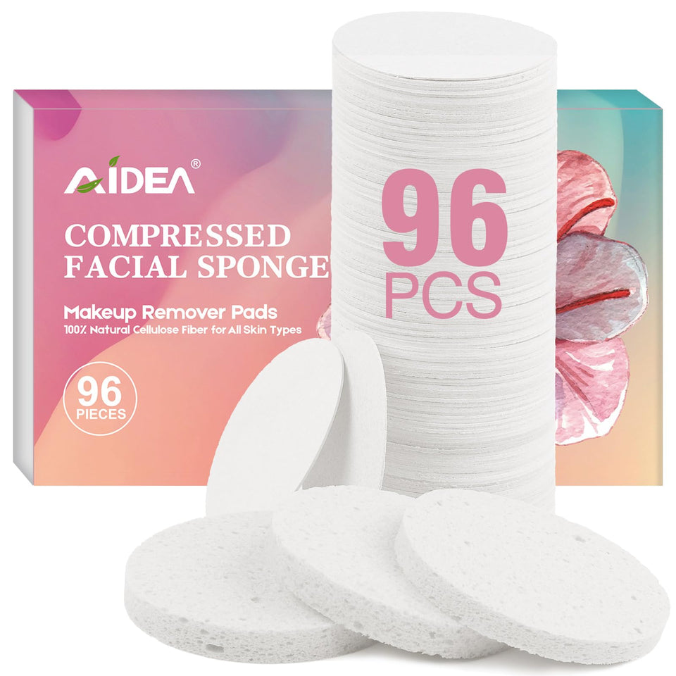 AIDEA front packaging showing 96 compressed facial sponges and benefits