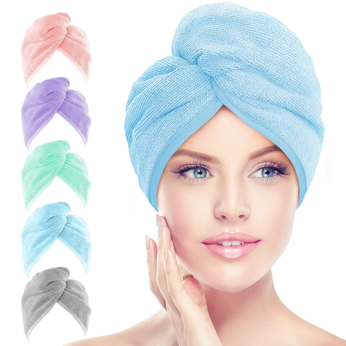 AIDEA front view of five packaged microfiber hair towel wraps showing convenience
