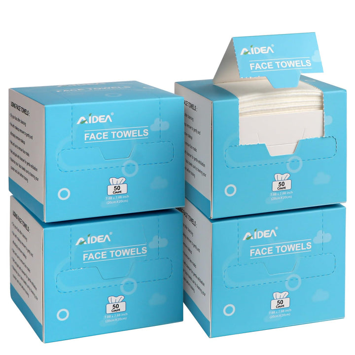 AIDEA front packaging showing four boxed 50-count towels, convenient supply