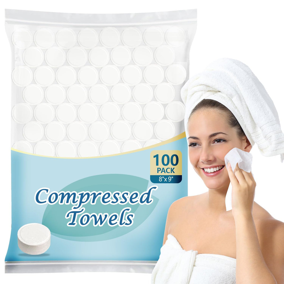 AIDEA front packaging showing 100 compressed towels and brand for easy storage