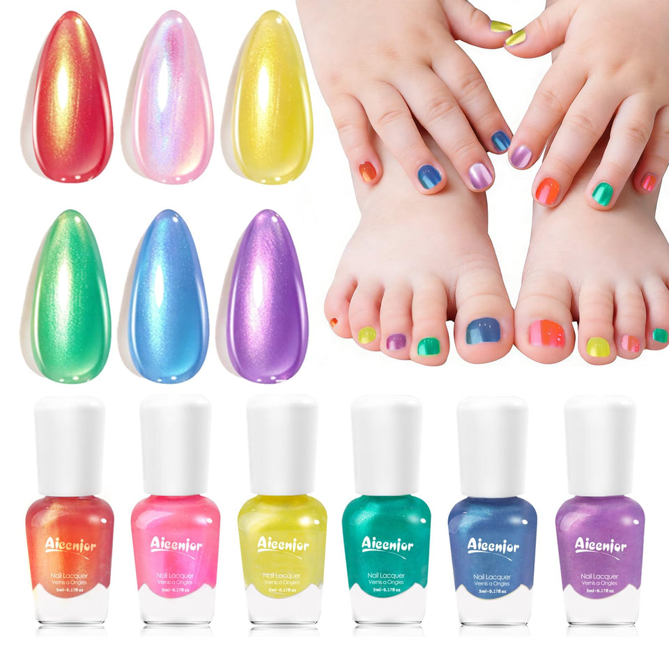Aieenjor front packaging showing holographic kids polish set and benefits