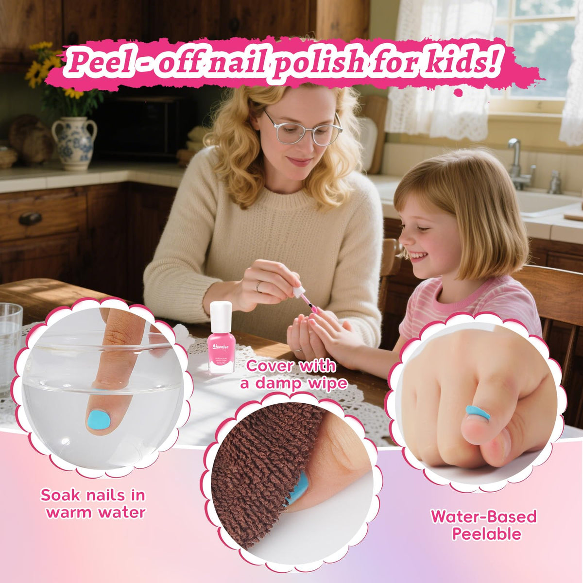 Aieenjor child applying polish with adult supervision for safe fun