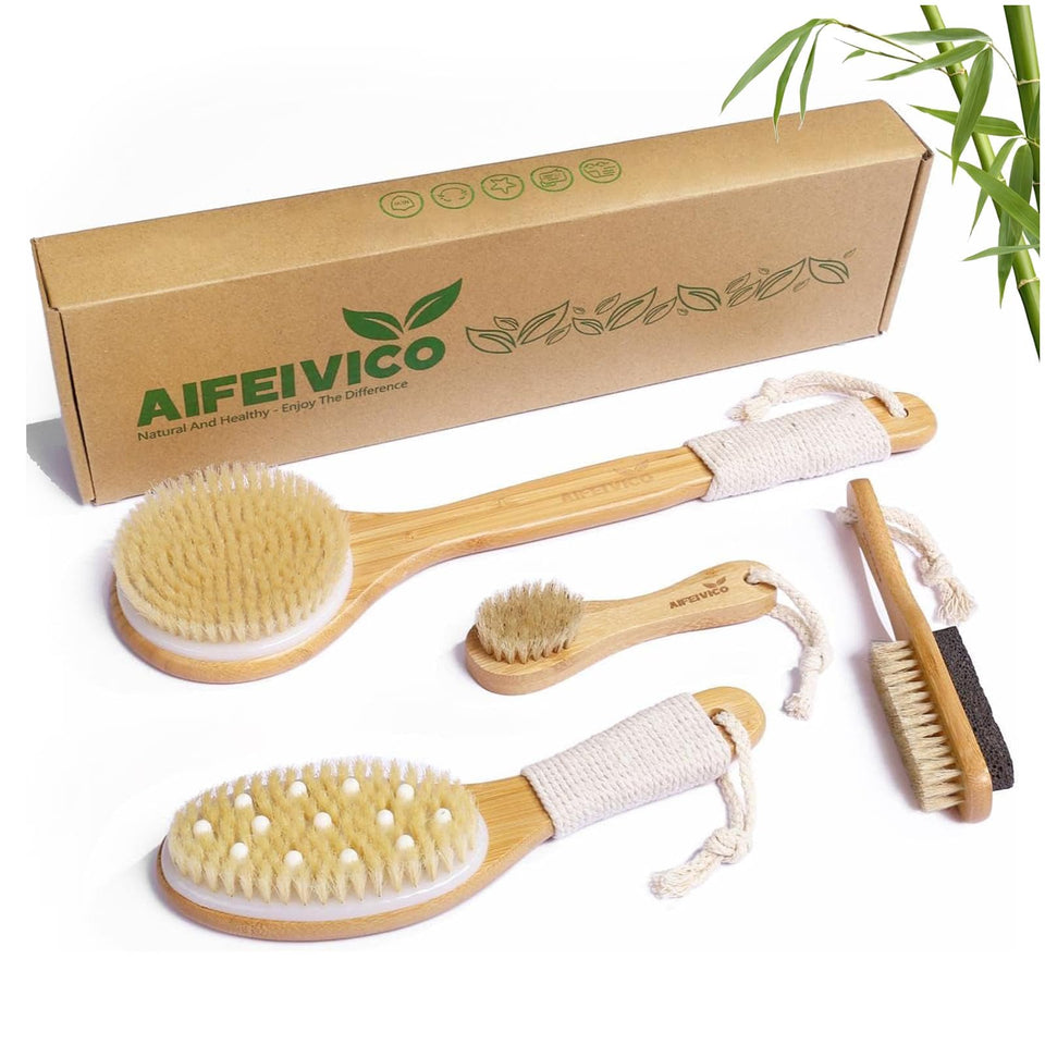 AIFEIVICO front view of brush set showing bamboo handles and travel bag for organized storage