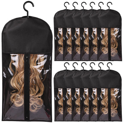 AIHOPESTO front view of twelve black wig hangers showing organized storage benefit
