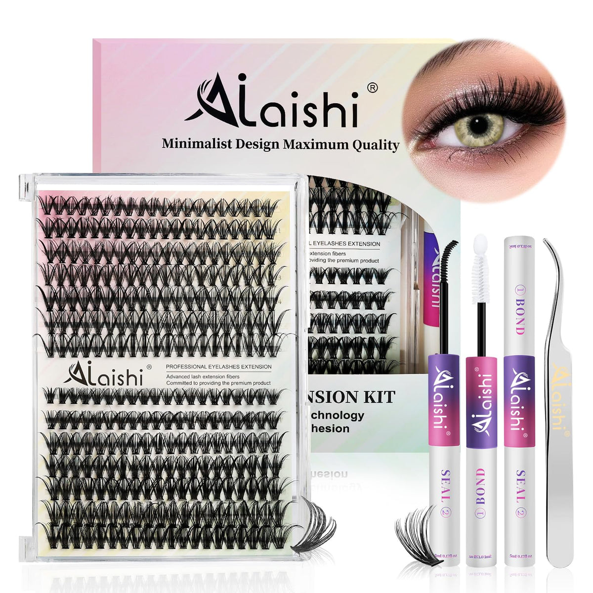 AILAISHI front packaging showing full lash clusters kit and tools, convenient all-in-one set