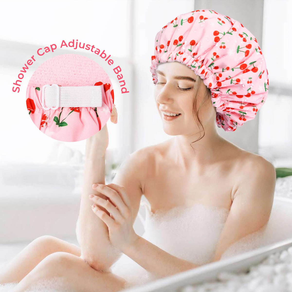 Aileam cap on thick hair demonstrating roomy capacity and frizz protection benefit