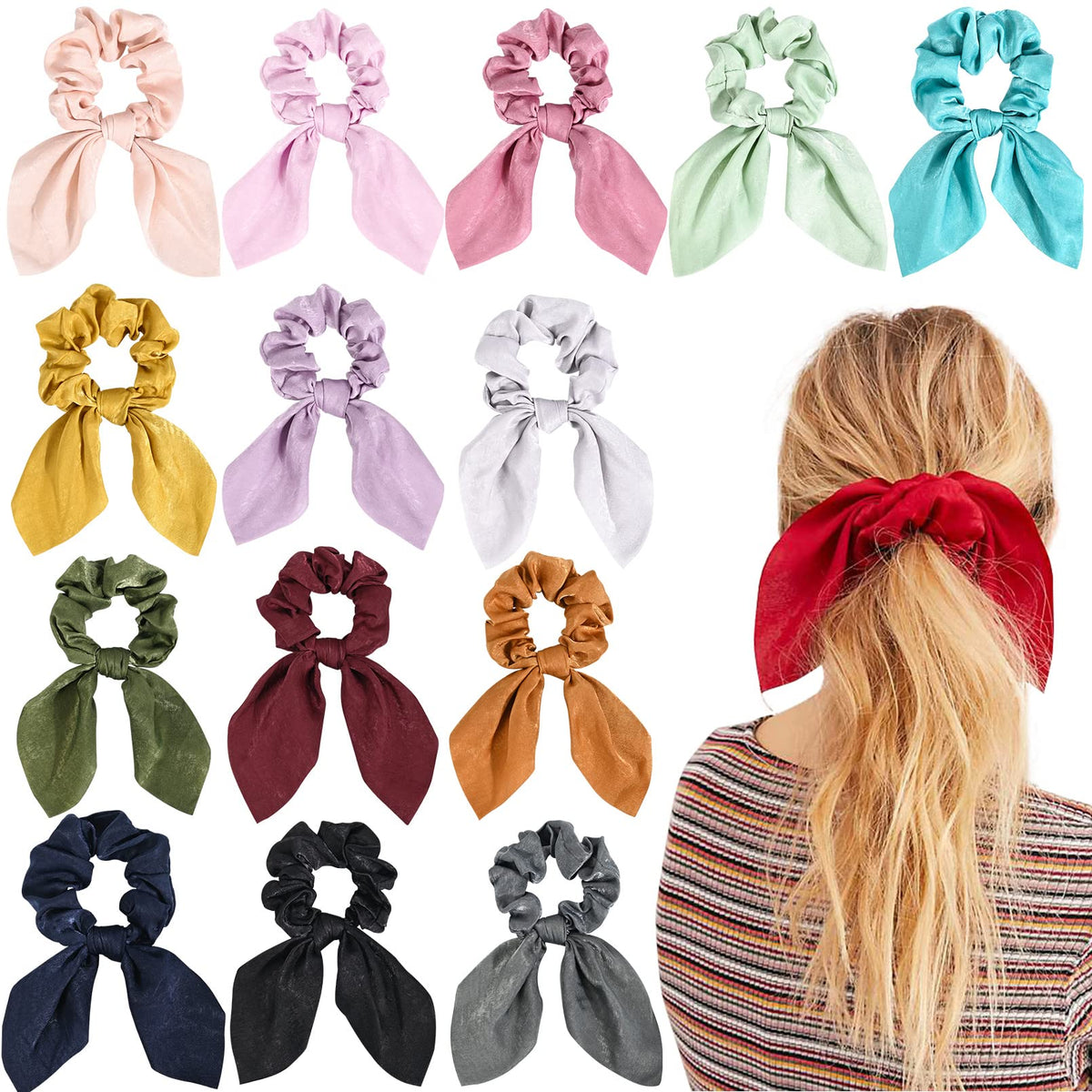 Aileam front packaging of 14 satin bow scrunchies showing color variety and convenience