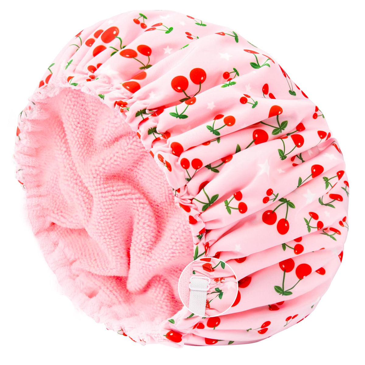 Aileam front view showing pink cherry pattern and full waterproof coverage benefit