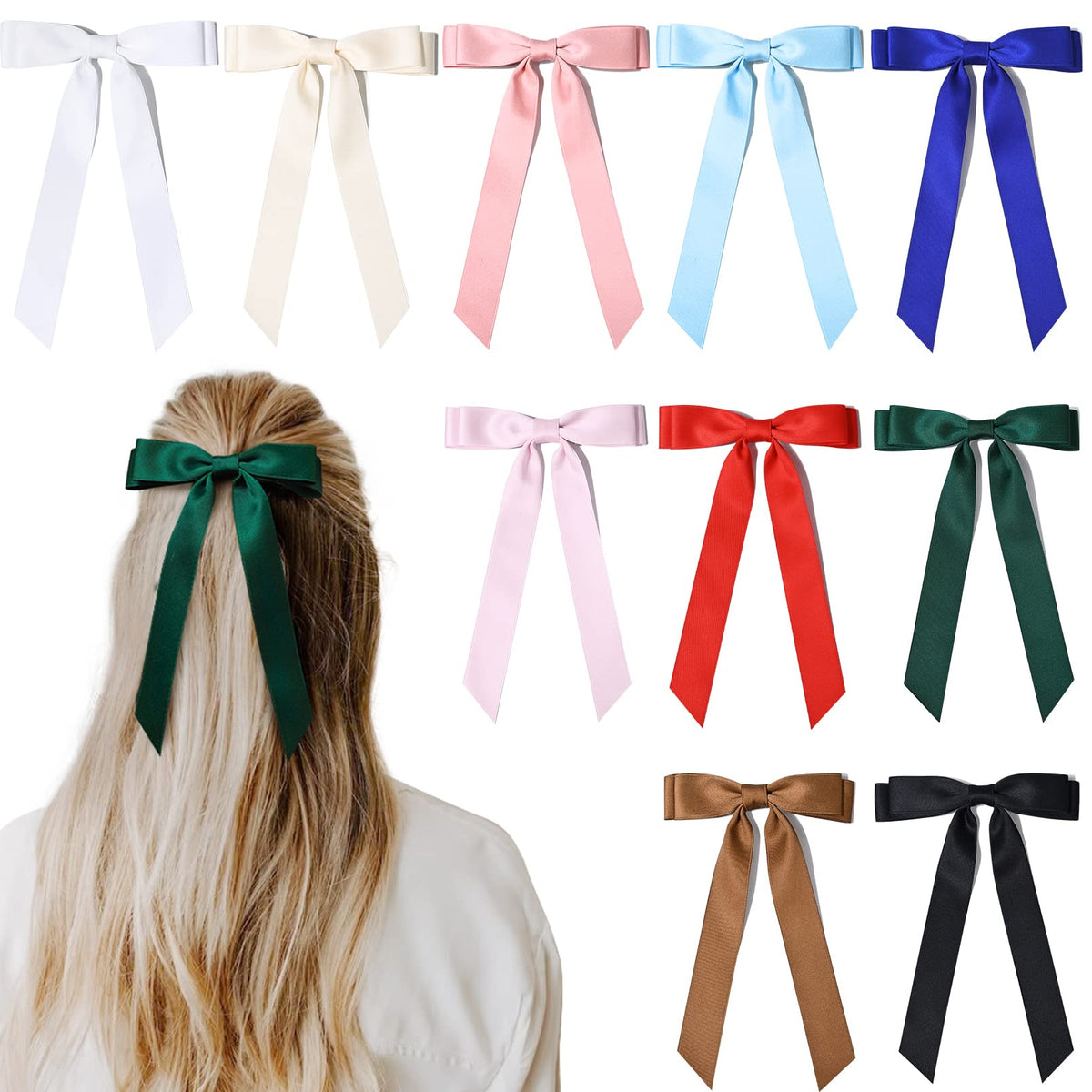 Aileam front view showing ten satin hair bows, easy outfit coordination