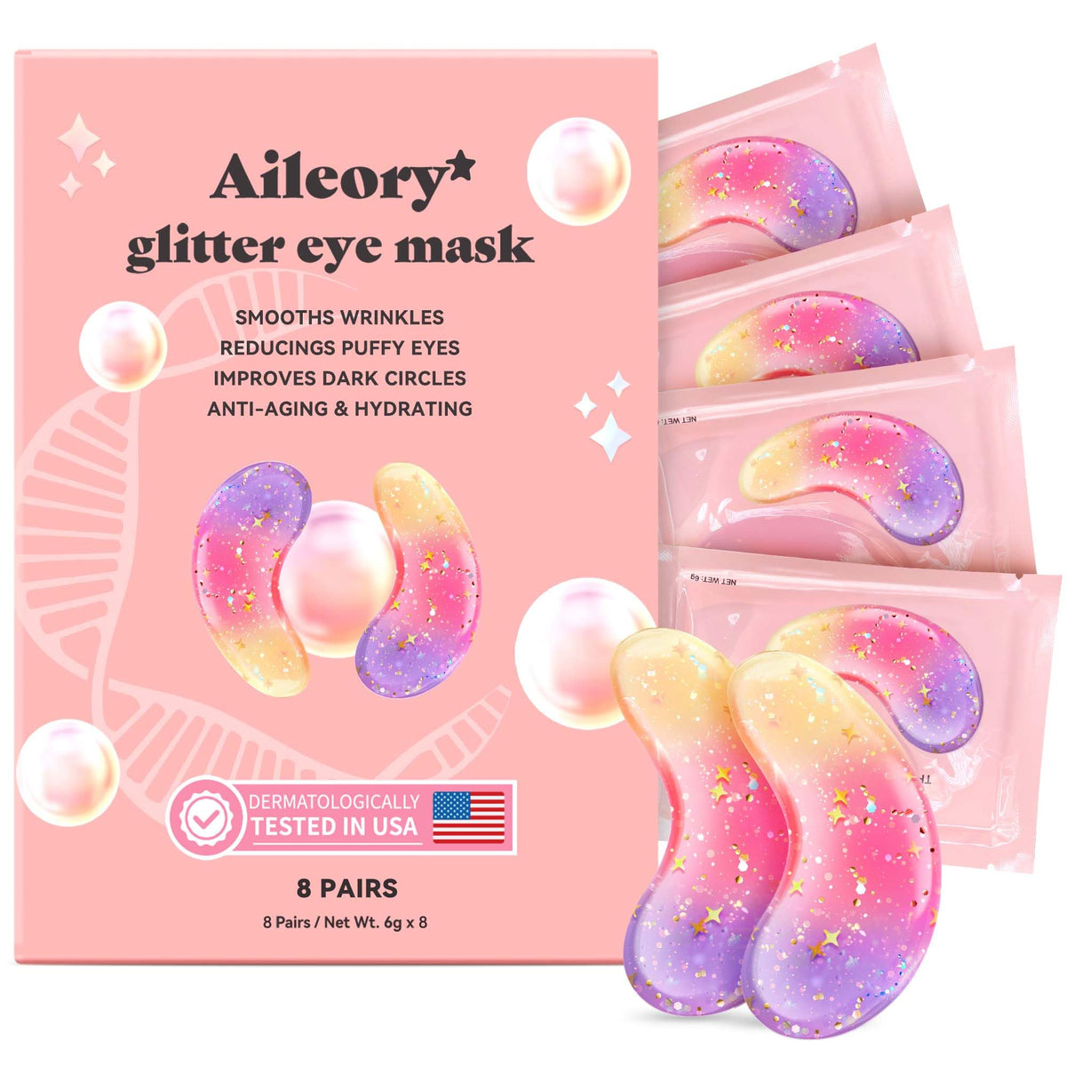 AILEORY front packaging showing tri-color eye patches and benefit of pampering