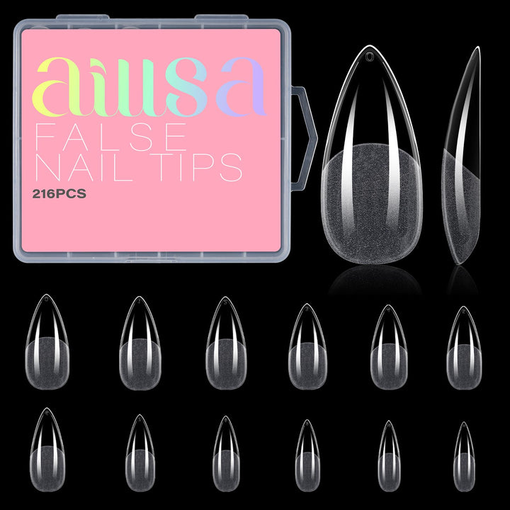 AILLSA front packaging showing 216 clear gelly almond tips for salon-quality results