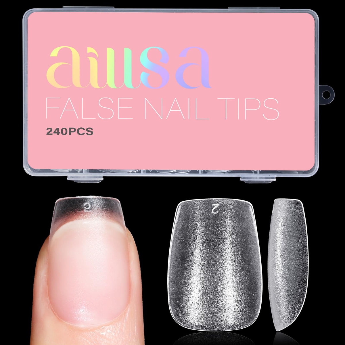 AILLSA front packaging showing 240 matte coffin nail tips and box for easy storage