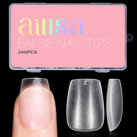 AILLSA front packaging showing 240 matte coffin nail tips and box for easy storage