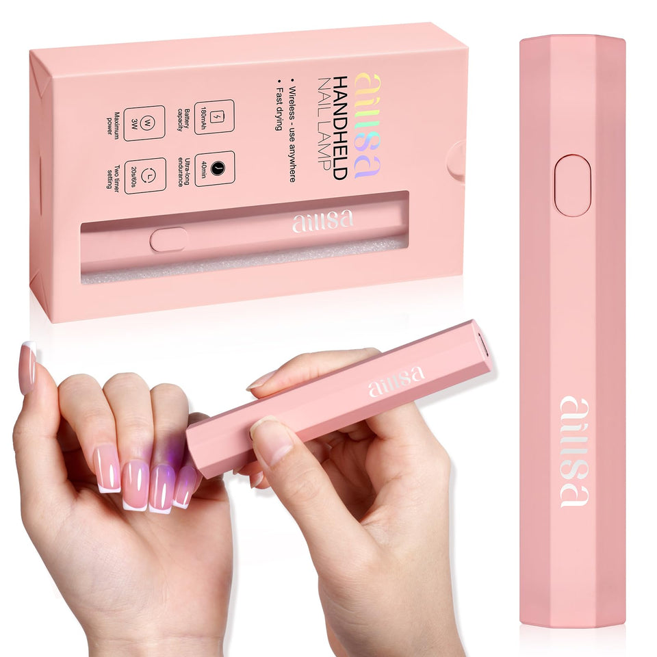 AILLSA front view of pink handheld UV lamp showing compact shape and brand for quick cures