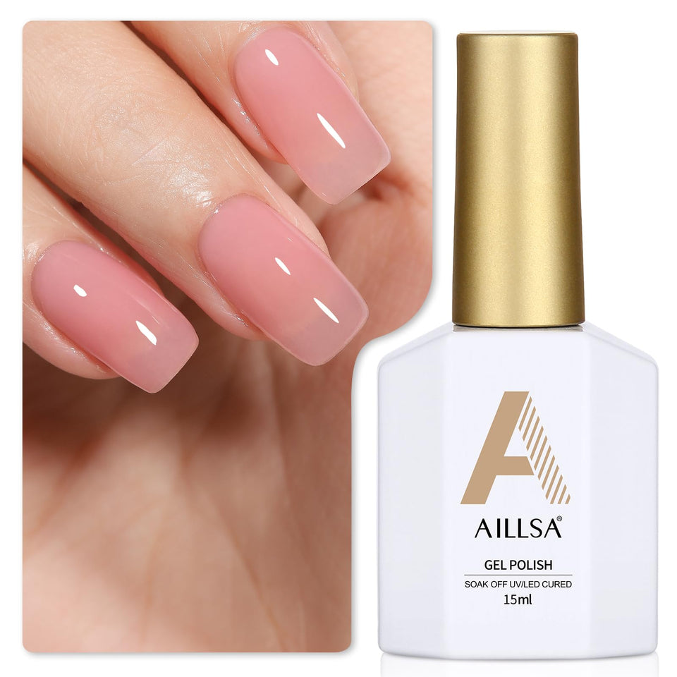 AILLSA front bottle showing nude pink jelly gel polish, clear branding and glossy finish