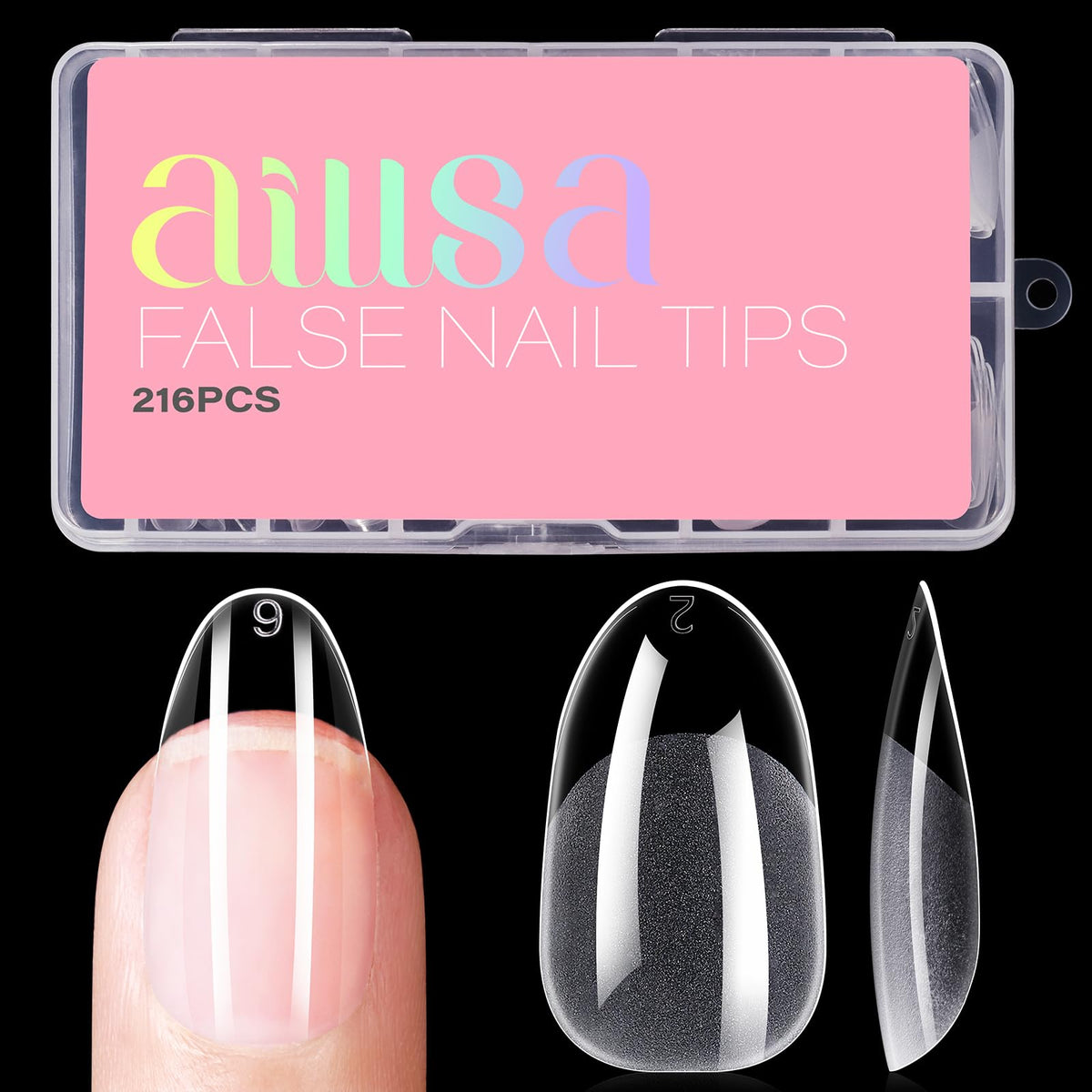 AILLSA front packaging of 216 clear gelly nail tips showing professional set benefit