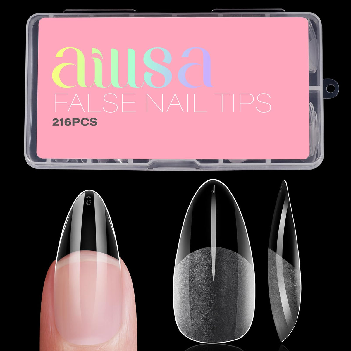 AILLSA front packaging showing 216-piece clear tips and full cover convenience