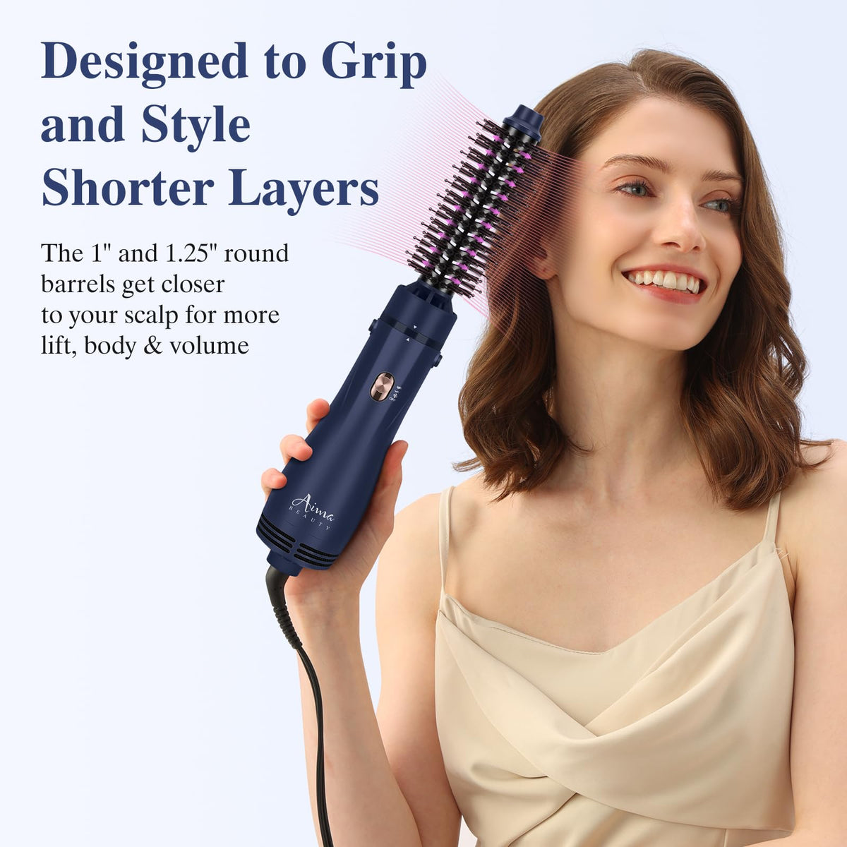 Aima Beauty detail of 1-inch round barrel gripping short layers for lift and control