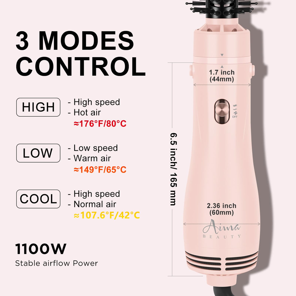 Aima Beauty controls and 360° swivel cord detail for tangle-free handling