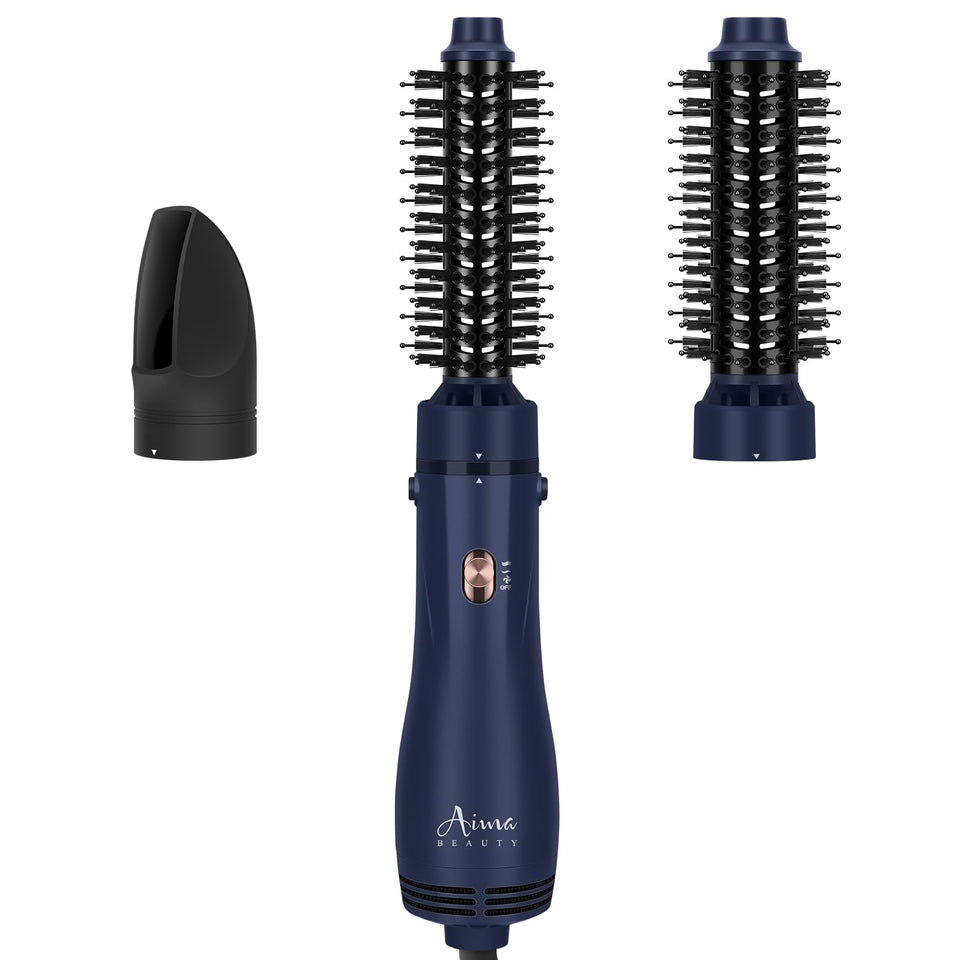 Aima Beauty front view of Prussian blue blow dryer brush with sleek finish and design benefit