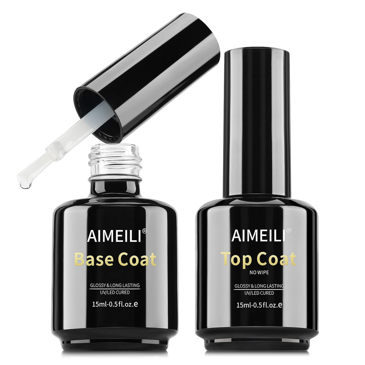 AIMEILI front packaging showing both 15ml base and no-wipe top bottles for reliable results