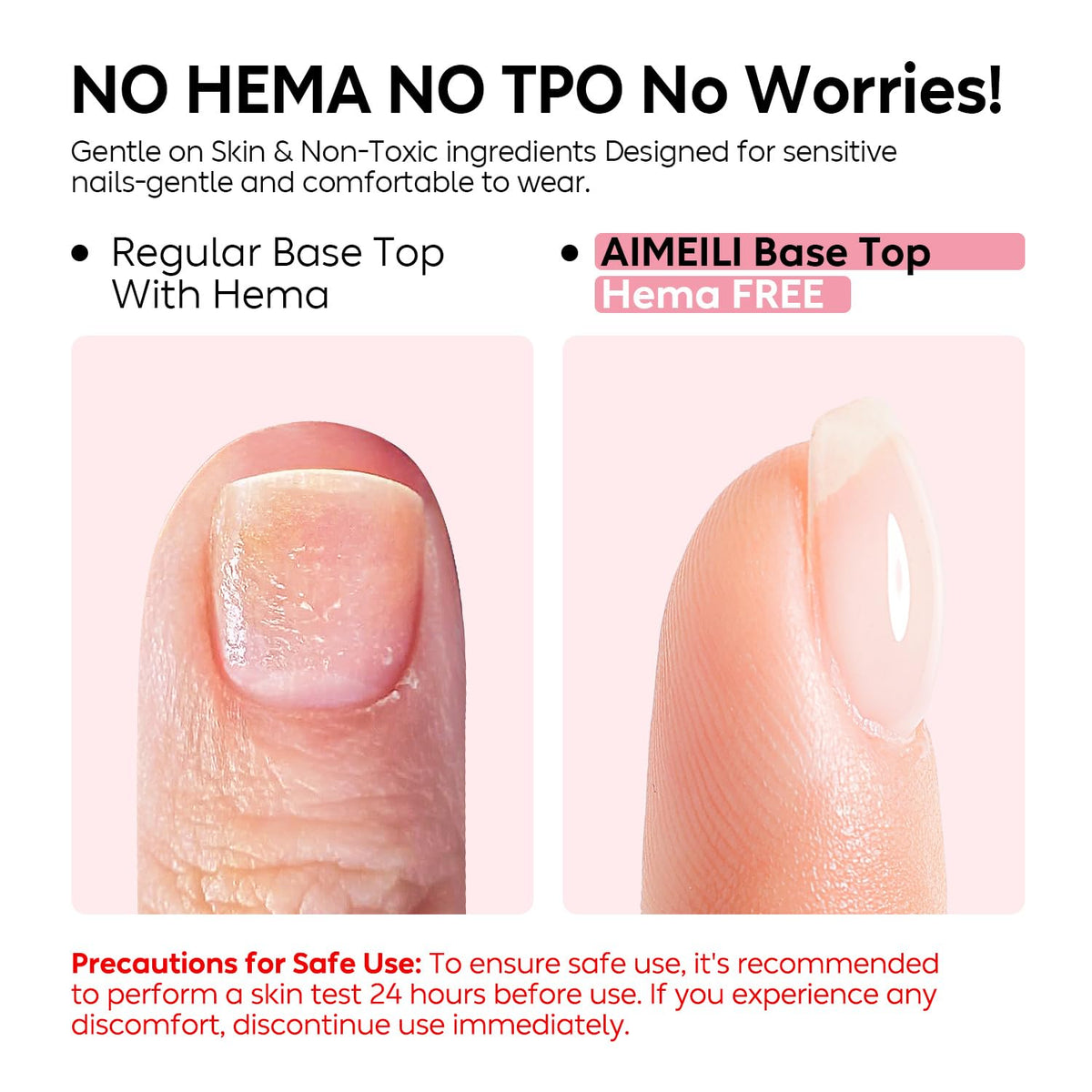 AIMEILI label close-up showing HEMA-free formula and safer ingredients