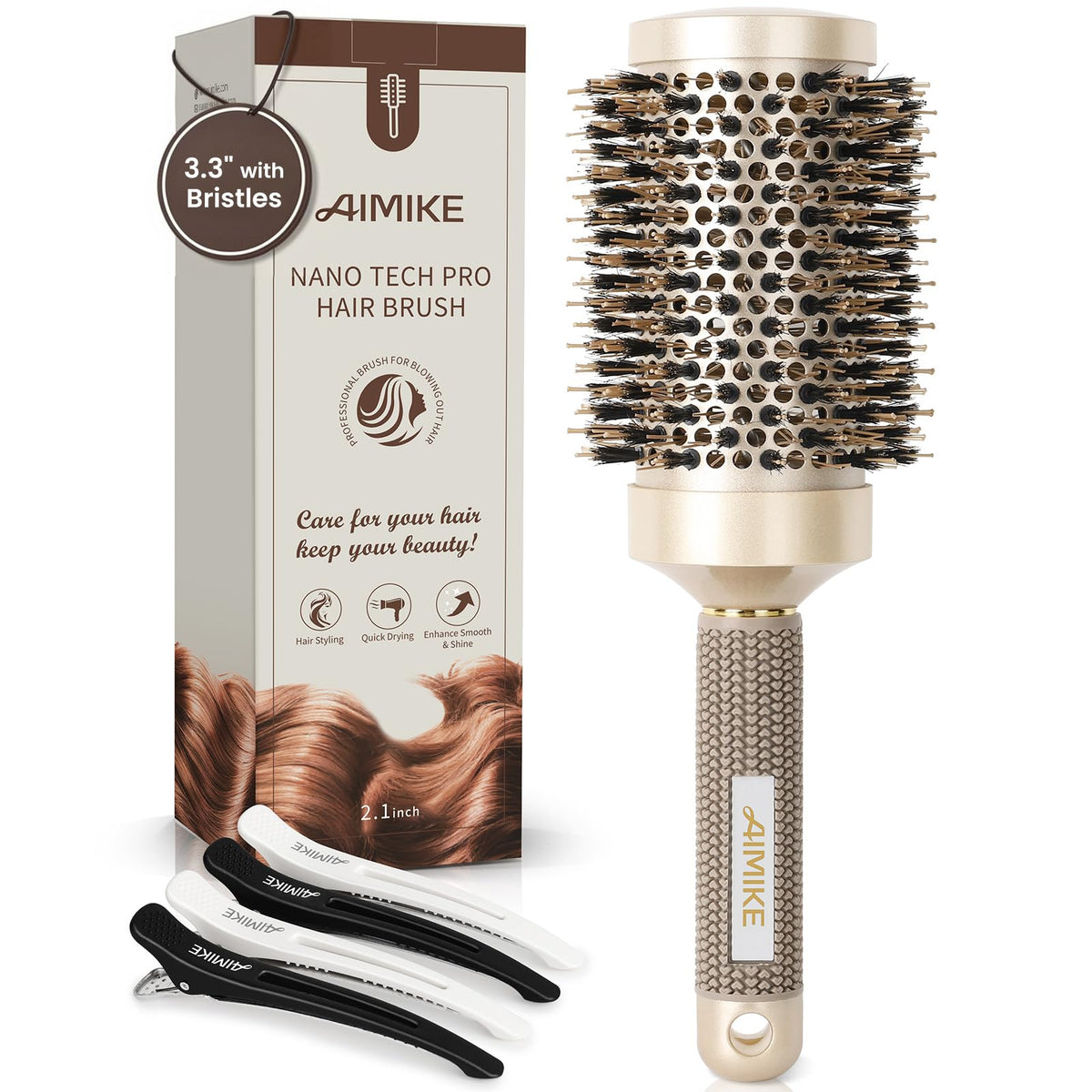 AIMIKE front view of golden round brush showing full head and handle for fast styling