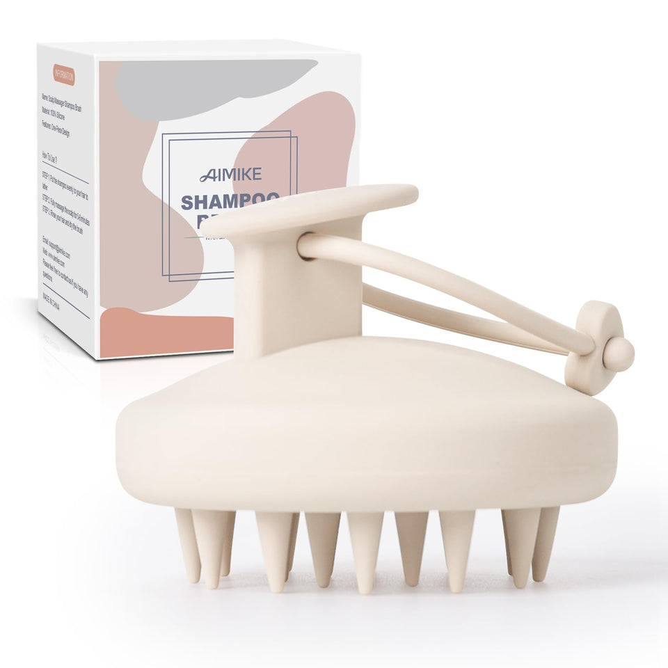 AIMIKE front view showing oatmeal color and compact scalp brush packaging for easy storage