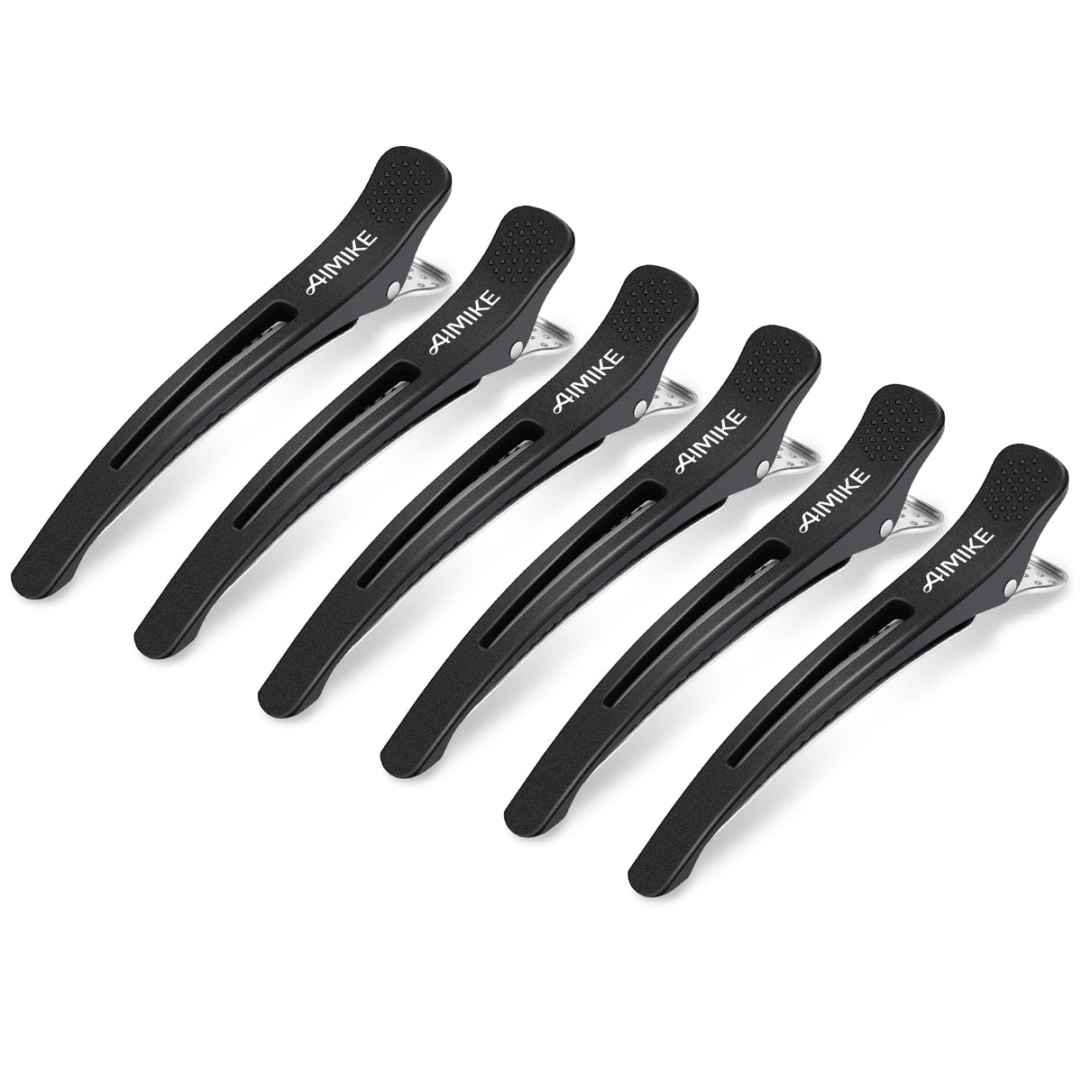 AIMIKE front view of six black duckbill clips showing professional set and design benefits