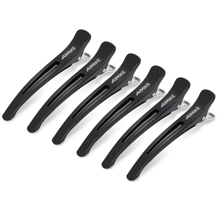 AIMIKE front view of six black duckbill clips showing professional set and design benefits