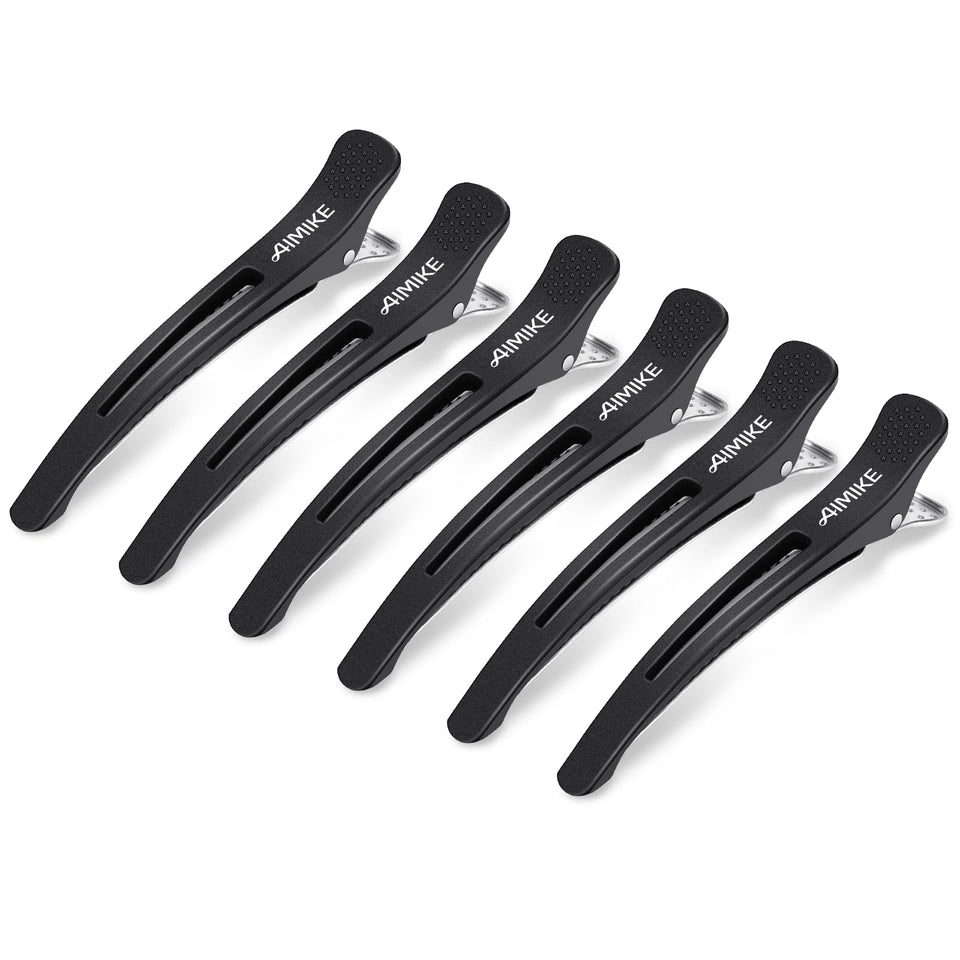 AIMIKE front view of six black duckbill clips showing professional set and design benefits