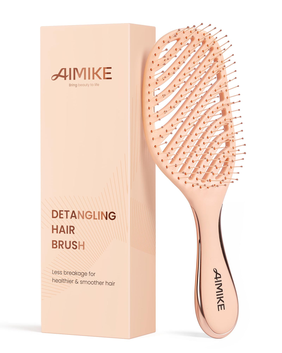 AIMIKE front view of detangling brush showing curved head and non-slip grip benefit