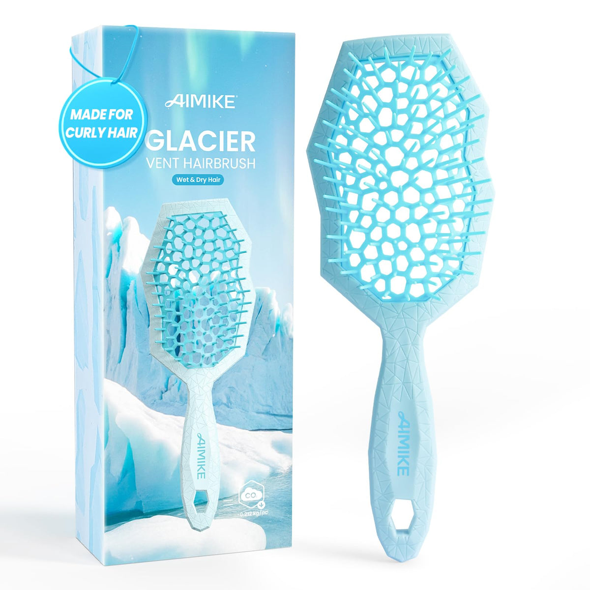 AIMIKE Glacier detangler front view showing shape and color, easy grip benefit