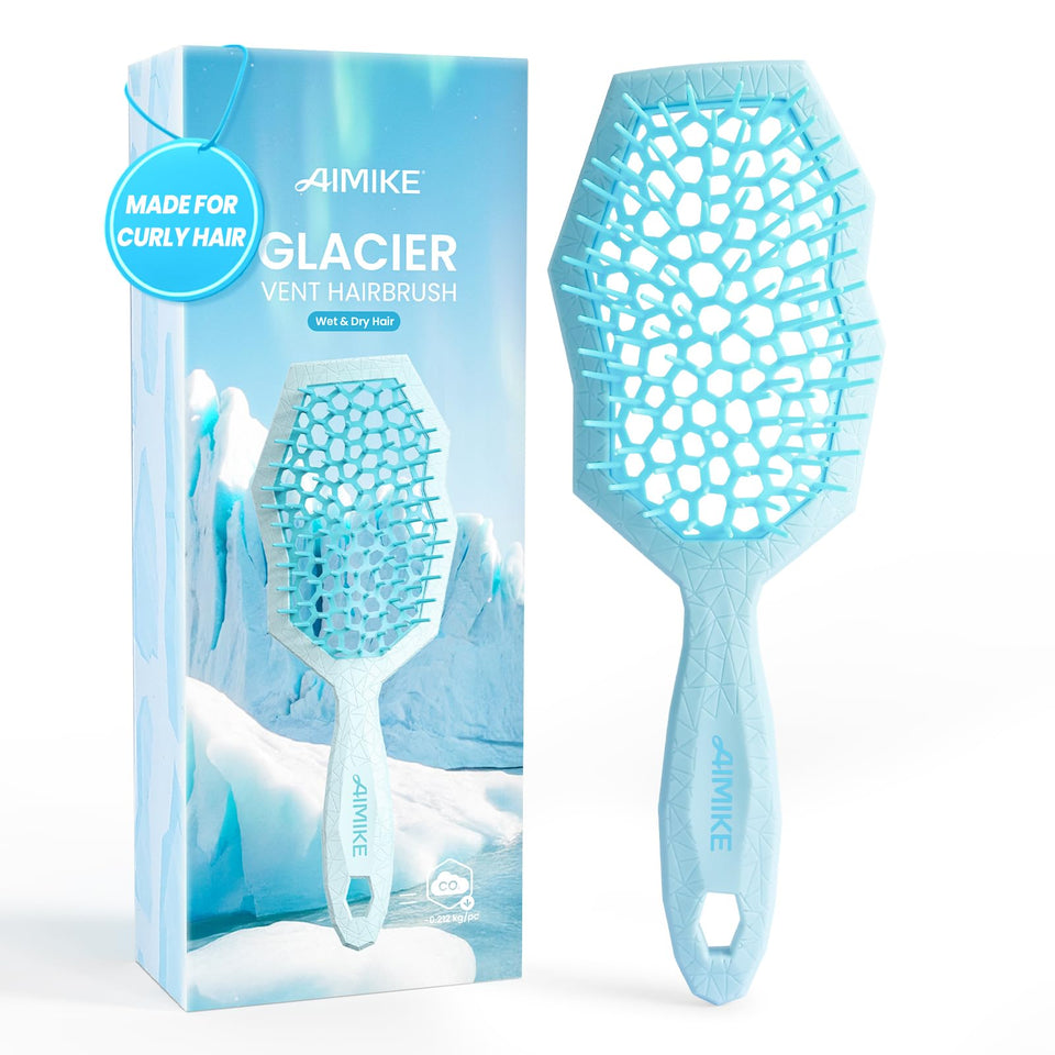 AIMIKE Glacier detangler front view showing shape and color, easy grip benefit