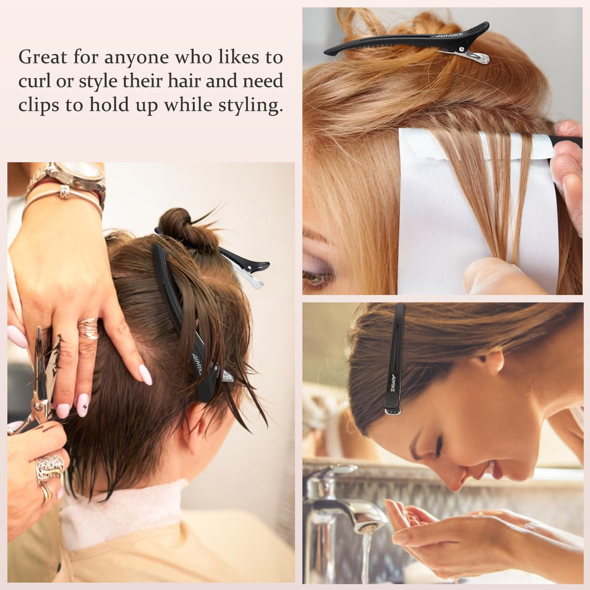 AIMIKE clip holding long hair to demonstrate secure hold without pulling