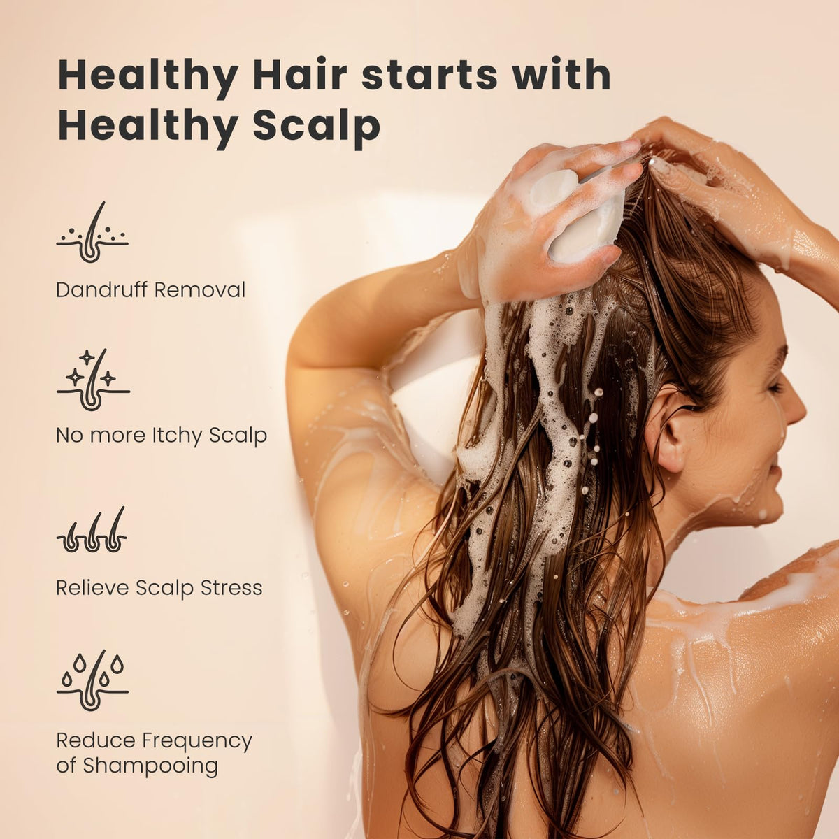 AIMIKE used under running shower showing effective shampoo distribution and cleansing