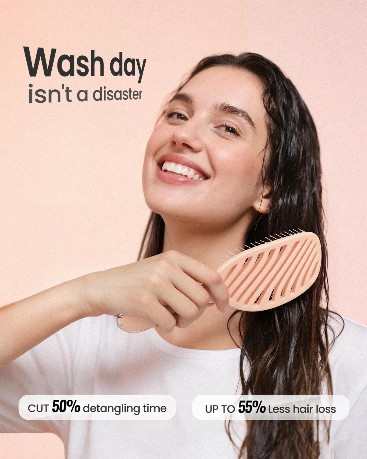 AIMIKE brush in shower on wet hair demonstrating safe wet-use and gentle detangling benefit