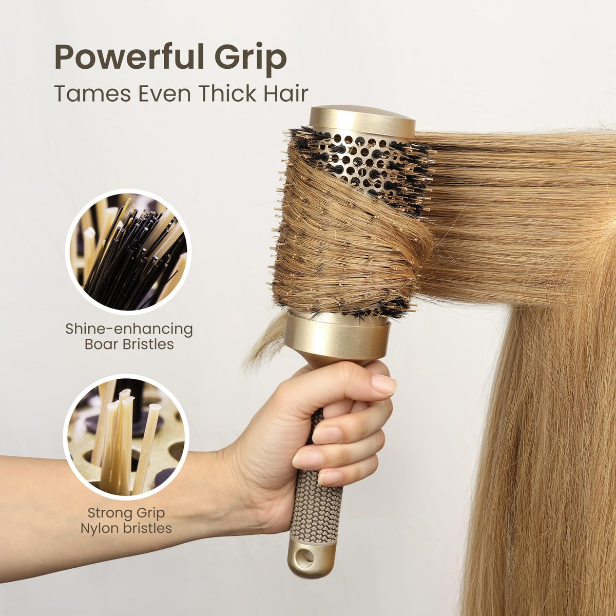 AIMIKE brush in use with a blow dryer styling long hair to create volume
