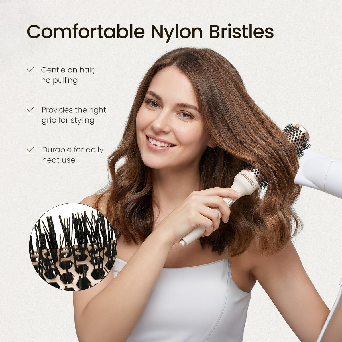AIMIKE brush in use while blow-drying short hair for faster drying