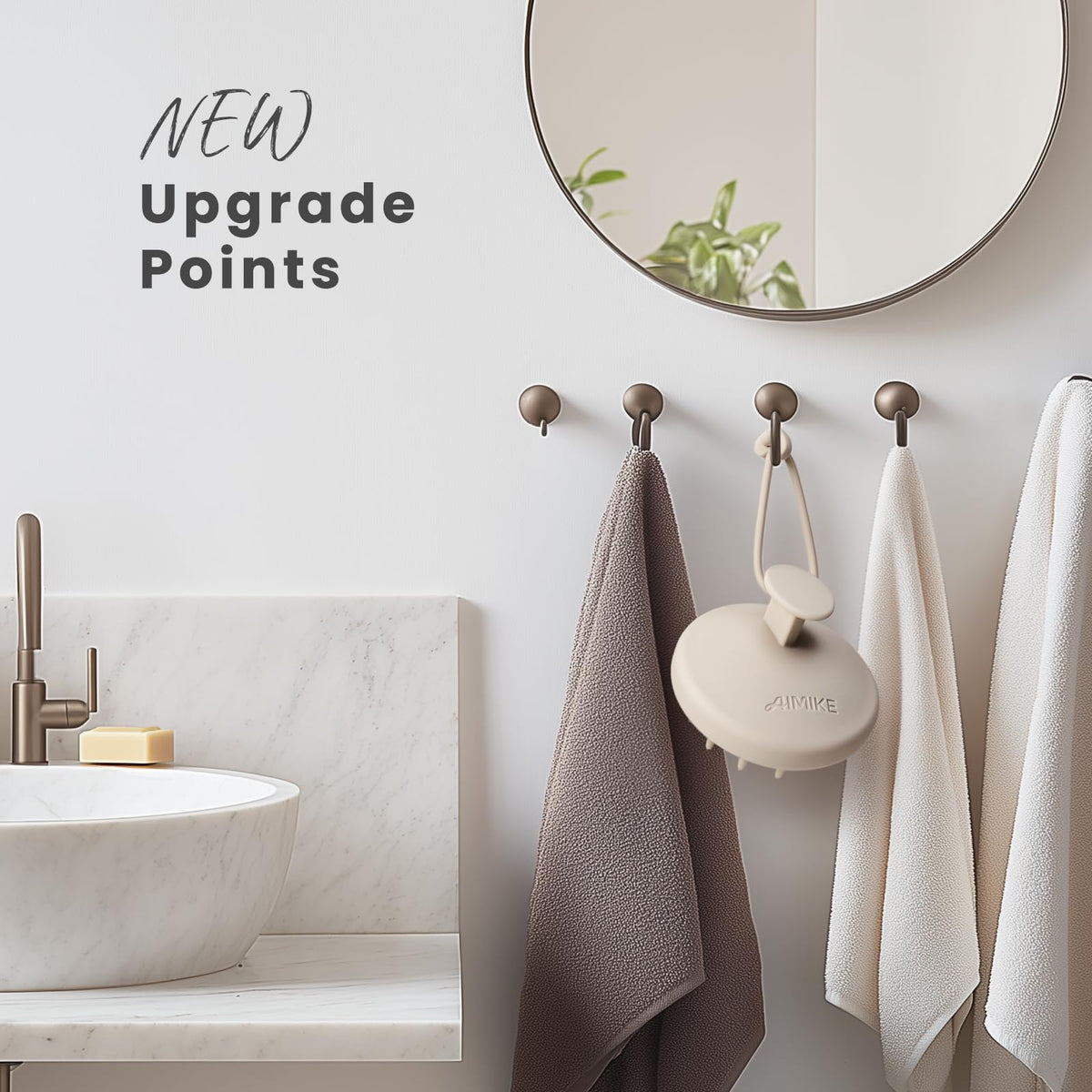 AIMIKE on bathroom shelf in spa-like setting emphasizing relaxing scalp care