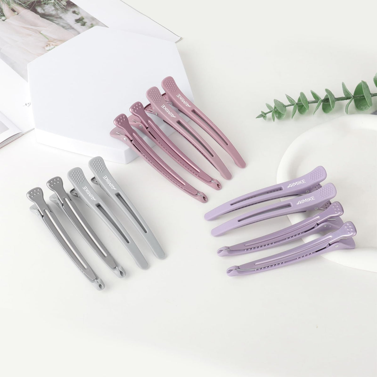 AIMIKE clips arranged on vanity for a neat salon-ready organization benefit