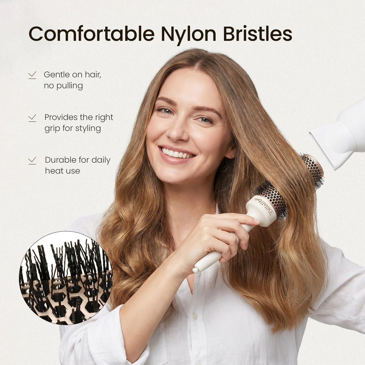 AIMIKE NaturaVol brush in use with blow dryer for smoother, shinier hair